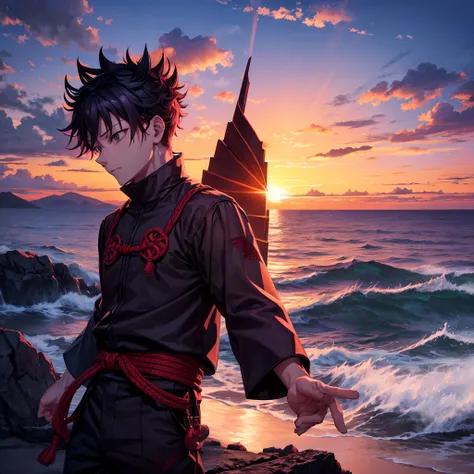 Sukuna Jujutsu kaisen 3D on top of a mountain with the sunset in the background, sea, ultra graphic.