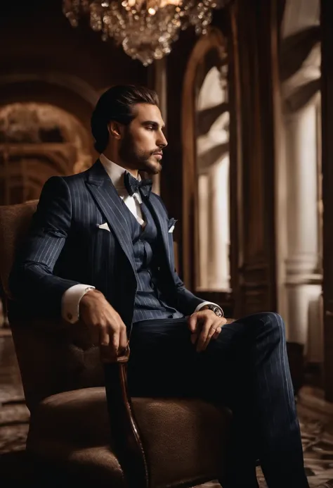 Personaje sentado en una silla con el brazo levantado, Cabello OSCURO (Cabello hasta el cuello atado en una cola de caballo), Buena pose, Hombre guapo, cara bonita, Pose real elegante, Hombre de negocios, (En un blazer a rayas), (The surrounding environmen...