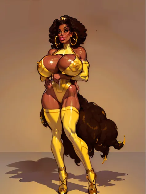 ((masterpiece)),(((best quality))),((character sheet)), ((full body view)) ((black woman)) ((afro combed to sides)) ((seductive pose)) mature face, defined cheekbones, high cheekbones, illustration, girl, muscular, ((afro:1.4)), sexy bimbo, (gigantic breas...