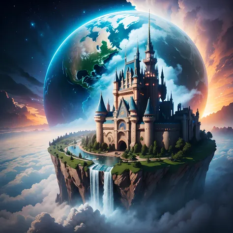 cyberpunked、Epcot，planet earth，Super huge castle，Super huge waterfall，great outdoors，on clouds，ＳＦart by，​masterpiece，超A high resolution，dream，Fantasia，𝓡𝓸𝓶𝓪𝓷𝓽𝓲𝓬，​masterpiece，