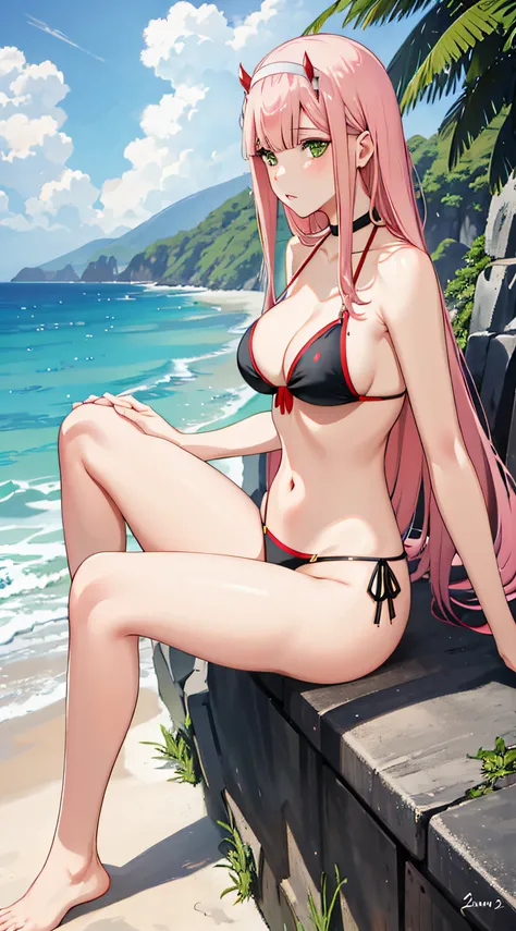 zero two, side tie bikini, medium breast, slim legs, sunny day, Beach, leaning, beautiful eyes, green eyes, nervous, sitting down legs spread,