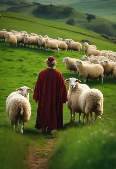 Ultra realistic biblical image that conveys the shepherd and his sheep in a green field referring to Psalm 22 in 8k format