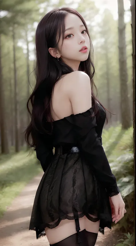 ((Jisoo Blackpink)), lace earrings, dress, black tights to the waist, close-up of thighs to face, shot from below, very light skin, very long hair, wavy hair, Camping, Forest, photorealistic, Lighting indirect, volumetric light, line tracking ray, hyper-de...