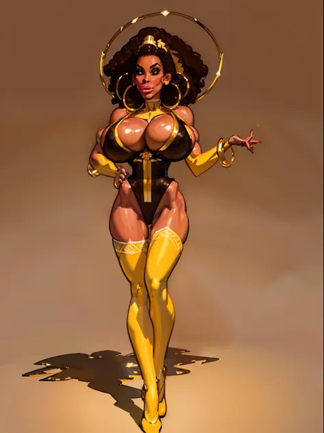 ((masterpiece)),(((best quality))),((character sheet)), ((full body view)) ((black woman)) ((afro combed to sides)) ((seductive pose)) mature face, defined cheekbones, high cheekbones, illustration, girl, muscular, ((afro:1.4)), sexy bimbo, (gigantic breas...