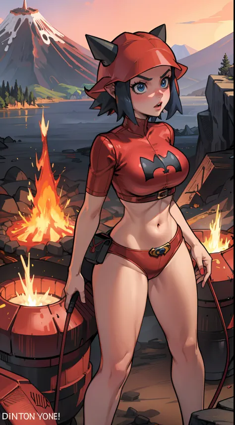 masterpiece, best quality, pkmntmg, fake horn, red bikini, sexy, volcano, standing in lava.