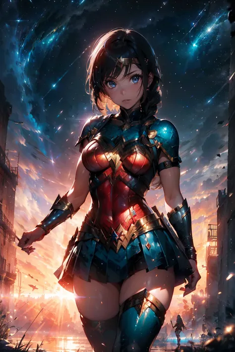 Wonder Woman (((From face to the waist view::1. 4))), realistic skin texture, front view::1.0, (((Final Fantasy aesthetic style))) in complex & hyper detailed fantasy costume (((wild glow effect))), panning photography::1, gold hour illumination, short whi...