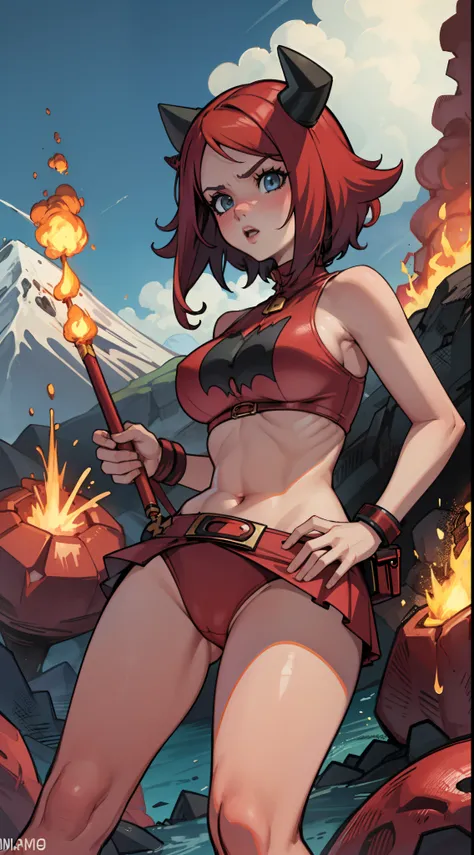 masterpiece, best quality, pkmntmg, fake horn, red bikini, sexy, volcano, standing in lava.