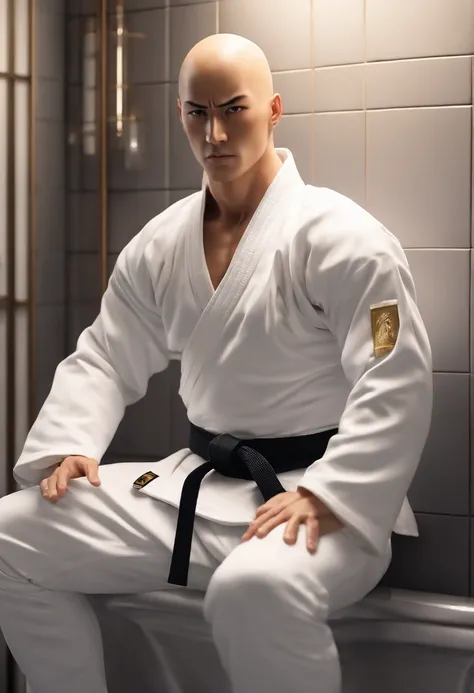 Saitama sitting on the toilet, white karate outfit, white belt, pants rolled up, looking directly at the camera, 8k close-up image, realistic