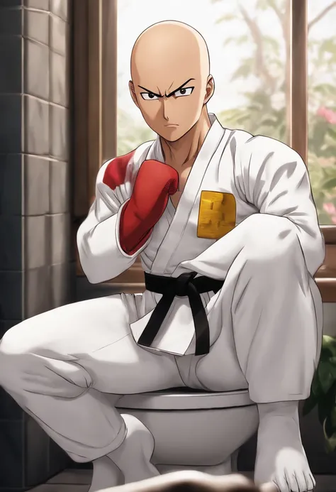 saitama sitting on the toilet, white karate outfit, white belt, looking directly at the camera, 8k close-up image, realistic