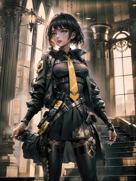 1girl, intricate detail, masterpiece, best quality, extremly detailed,cinematic lighting, beautiful detailed glow, finely detailed beautiful face and eyes, 8k, dark intense shadows, yellow eyes, medium hair, black hair, bangs, floating hair, black jacket, ...