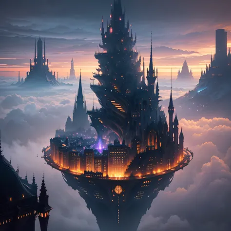 an otherworldly city suspended in the sky, its majestic buildings and spires floating amidst the clouds. This city, known as Aerithopia, is a realm of advanced technology and magic. Elevated walkways and bridges connect the floating islands, while airships...