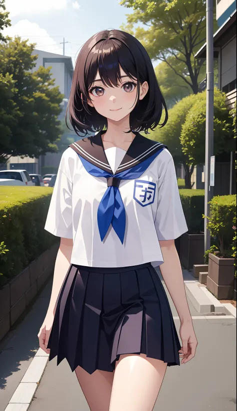 1girl in、AS-Adult、A smile、The shirt、skirt by the、（small tits）Japan High School、校服、serafuku、Walking with a thigh、Upper body portrait、