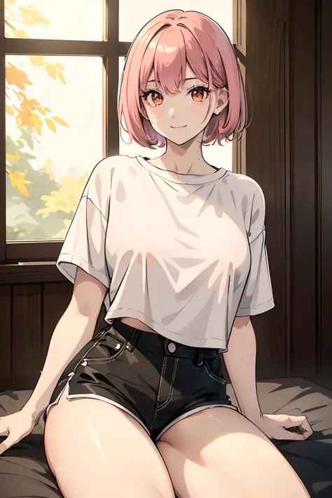 1girl,short pink hair,plain white shirt,tight black shorts,home,(best quality,8k,highres:1.2),smile,orange eyes,thigh,ultra-detailed,realistic,portraits,vivid colors,soft lighting,peaceful surroundings, sexy poses