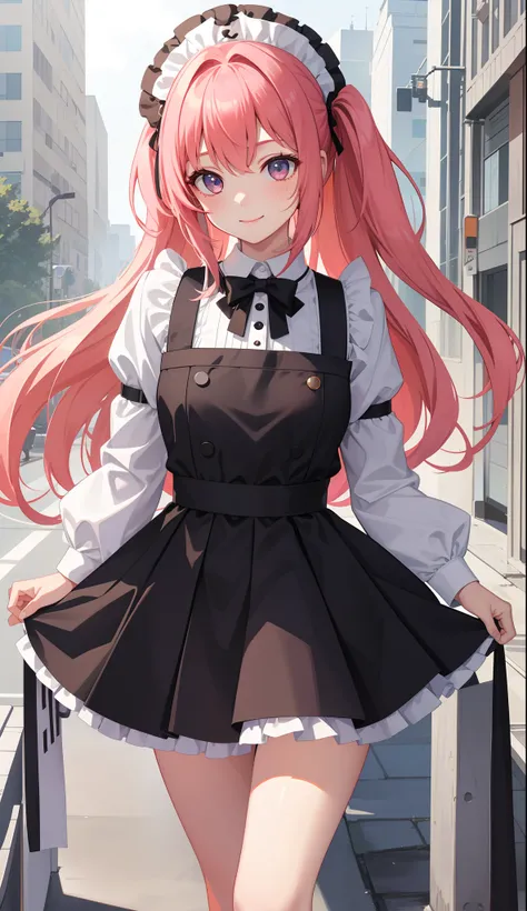 1girl in、AS-Adult、A smile、The shirt、Ultra mini skirt、pantiy、（small tits）、doress、pinafore、Hair decoration、（Maid costume）、Walking with a thigh、Upper body portrait、