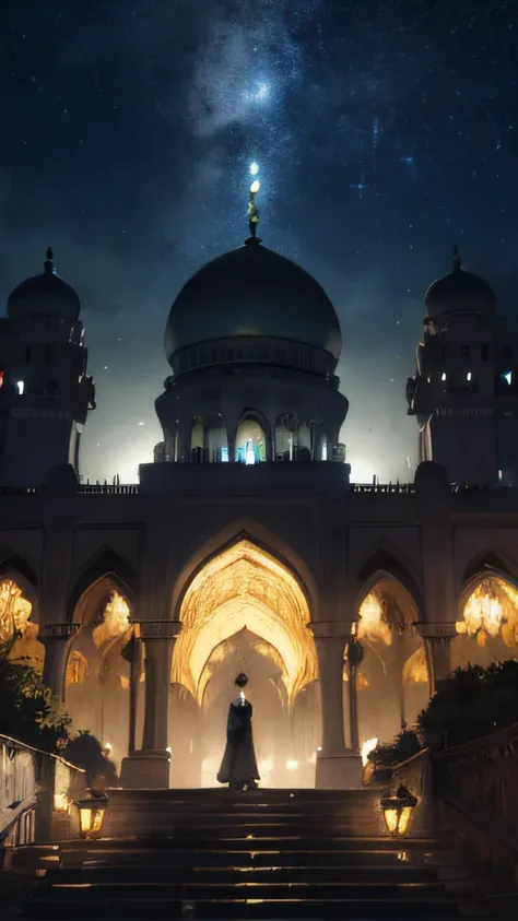 big mosque, muslim, muslim walking alone, hijab, islam, As twilight blankets the realm, the heavens come alive with a celestial spectacle. Countless stars twinkle like shimmering diamonds, their ethereal glow casting a soft illumination upon the landscape....