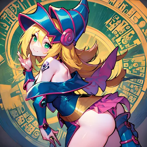 Dark magician girl como diosa Maya:1, cuerpo completo, Vista costera:2 , Vision of the buttocks:3 Vista de pierna,  Ella es una mujer muy hermosa, The vegetation is green and the lights pass through the leaves of the trees, Una niebla suave cubre el medio ...