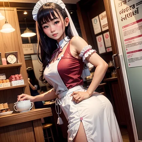 Thai Women、Beautie、Realistic Woman、Beautuful Women、20yr old、Solo Shot、Fluffy maid dose、Maid Cafe、Inside the café、Patchy duplex、Outstanding style、Blushing cheeks、embarassed expression、The shops、store clerk