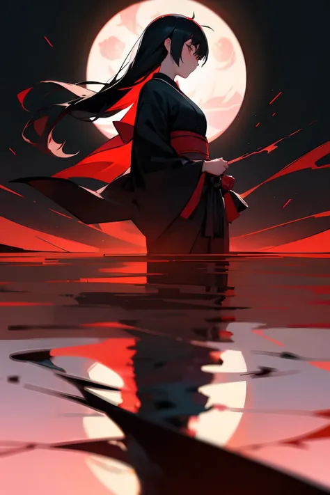 Silhouette of black kimono,Rose pattern、Bloods , (Black hair：1.6), stage, （Solo：1.8）,, Highest image quality, Highest Quality, , Solo, depth of fields, ,  Long hair, （Black background）、