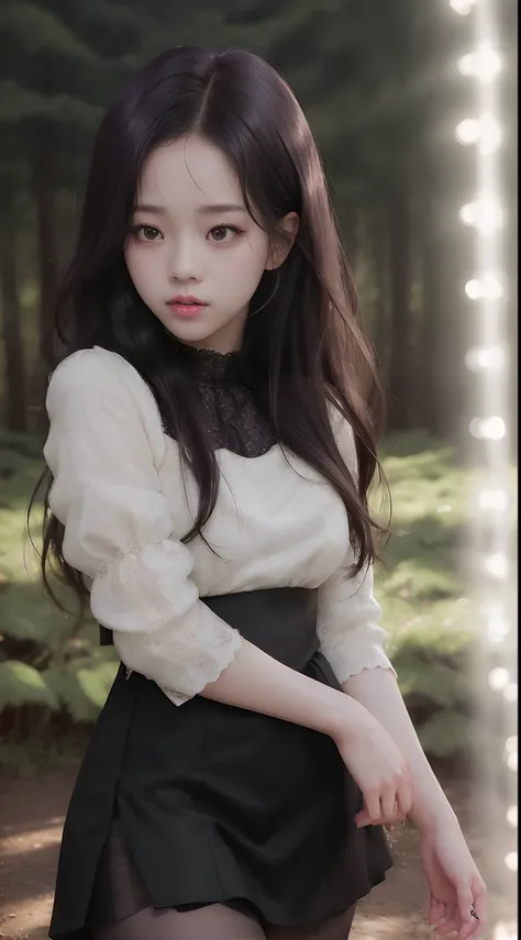 ((Jisoo Blackpink)), lace earrings, dress, black tights to the waist, close-up of thighs to face, shot from below, very light skin, very long hair, wavy hair, Camping, Forest, photorealistic, Lighting indirect, volumetric light, line tracking ray, hyper-de...