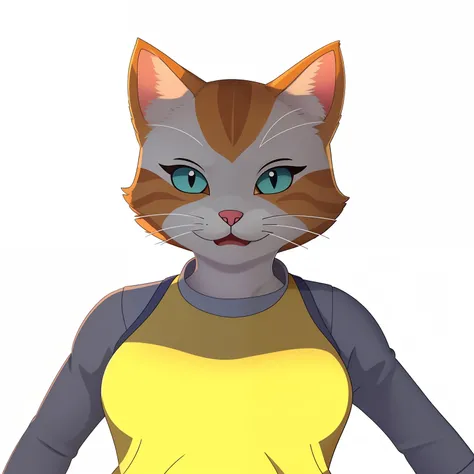 There is a cat with a shirt and a shirt, anthropomorphic female cat, Avatar da parte superior do corpo, Woman / cat hybrid, the cat is orange, human cat hybrid, menina gato atraente, sem linha, gatinha, um gato antro, Avatar do jogo 2D do corpo superior, a...