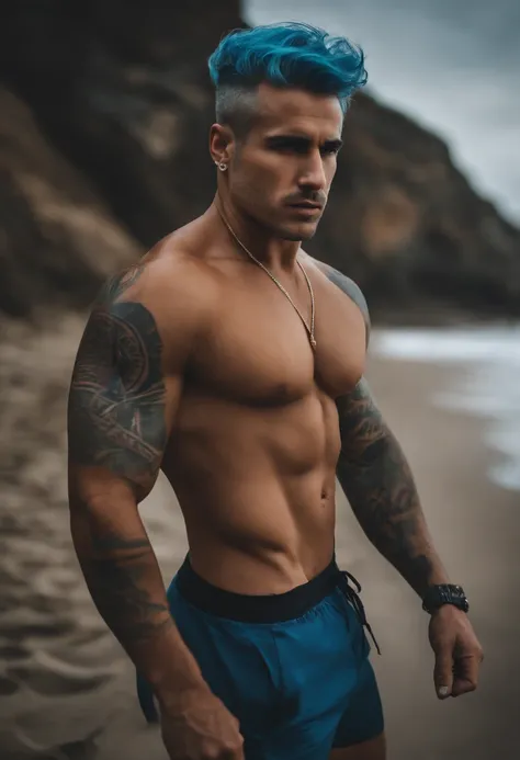 Nino Ksupolitas, half naked, tattoo, blue hair, on the beach, muscles