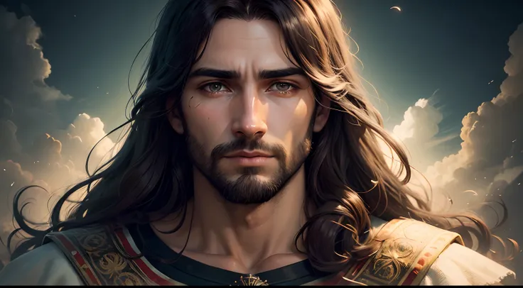 a 30-year-old man named Jesus of Nazareth, retrato, elegante, prado, surreal, fantasia, flor, nascer do sol, brown hair, Dario Klimczak, Rutkowski, Aquirax Um, altamente detalhado, chapinhar, Magic, WLOP, artgerm e arte, 8k, epics, foco nítido, pintura hip...