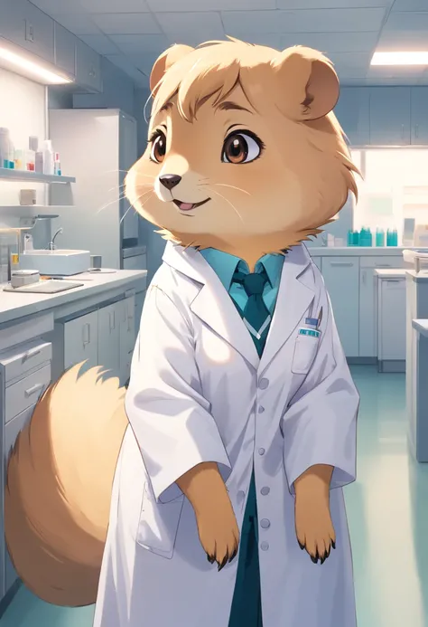 Prairie dog in white lab coat stands in dental office，prairie dog，looking in camera，white lab coat，Faraway view，Tiere，illustratio