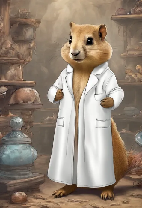 Prairie dog in white lab coat stands in dental office，prairie dog，looking in camera，white lab coat，Faraway view，Tiere，illustratio