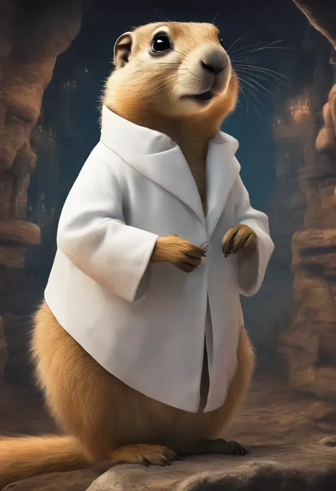 Prairie dog in white lab coat stands in dental office，prairie dog，looking in camera，white lab coat，Faraway view，Tiere，illustratio