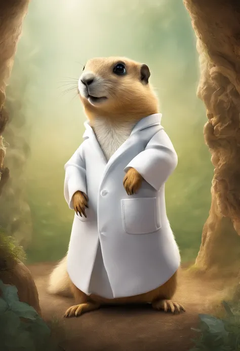 Prairie dog in white lab coat stands in dental office，prairie dog，looking in camera，white lab coat，Faraway view，Tiere，illustratio