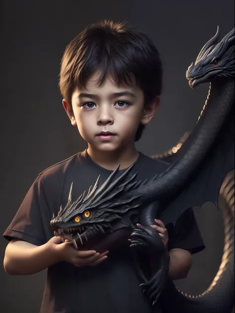 ((Menino)) 8 anos bonito ,((Holding the black dragon in your hand)), full hd, ultra realistas, detalhes intricados, rosto intricado, 8k, cinemactic,