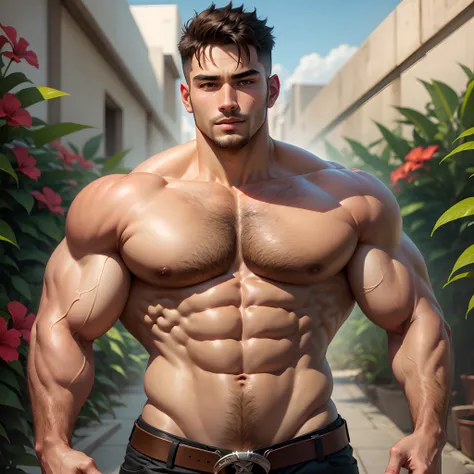 handsome shirtless beefy man, brown skin,  roundy face ,  cheeky , short hair, stocky,  holding hibiscus sexy, flirty , 32k --auto --s2