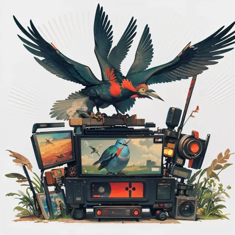 (bicho), robot bird, bird warrior, holding spear, Television on the back, comic, Cartoon, fundo branco