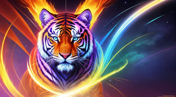 [Tigre Dentes de Sabre]; Arte Digital, estilo fantasia, Boris Vallejo, art-station, intrincado, Cores vibrantes de fantasia azul e roxo, magic lighting, Lentes grande angular, Perspectiva ampla e expansiva