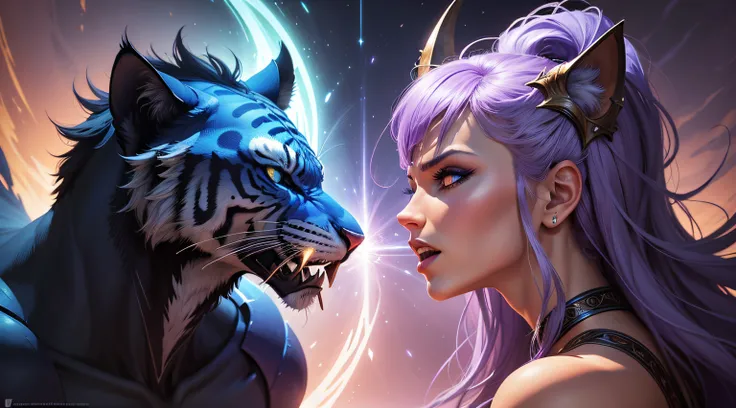 [Tigre Dentes de Sabre]; Arte Digital, estilo fantasia, Boris Vallejo, art-station, intrincado, Cores vibrantes de fantasia azul e roxo, magic lighting, Lentes grande angular, Perspectiva ampla e expansiva