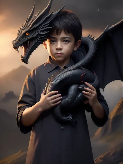 ((Menino)) 8 anos bonito ,((Holding the black dragon in your hand)), full hd, ultra realistas, detalhes intricados, rosto intricado, 8k, cinemactic,