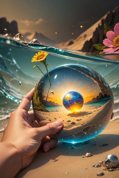 An oil painting on canvas of Nietzsche crying on a beach of Venus next to flowers and in front of a cracked crystal ball reflecting Earth