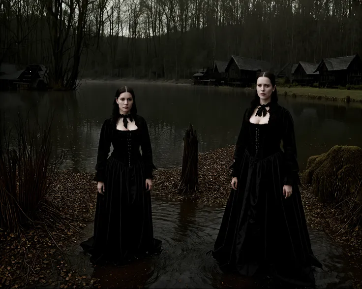 by timburton realistic, a photo of a gothic horror woman in a black lake, beautiful woman, unsettling horror, professional, (ext...