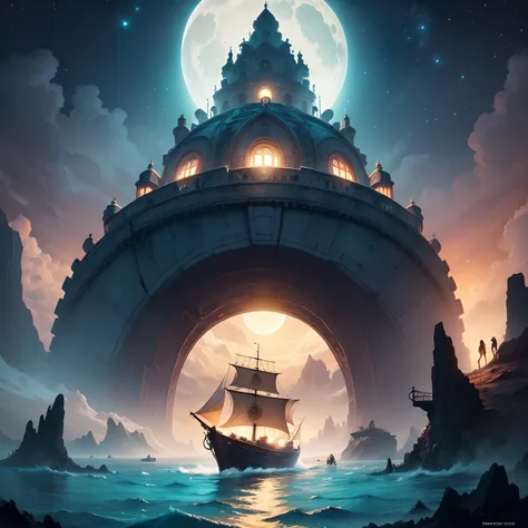 the crew of the Thousand Sunny embarking on a legendary adventure to discover a hidden island shrouded in mystery. The ship sails through a surreal sea filled with colossal sea creatures and surreal phenomena. Above, the sky is a canvas of swirling colors ...