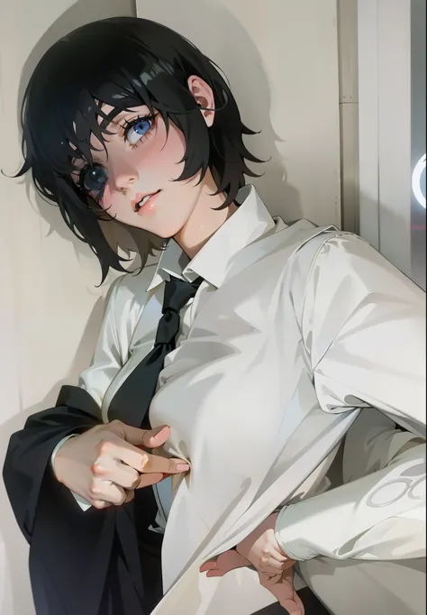 there is a woman in a white shirt and black tie, akane owari danganronpa, sui ishida with black hair, anime girl cosplay, anime cosplay, mayuri shiina from steins gate, anime girl in real life, 2b, 2 b, romanticism lain, with short hair, rin, as an anime c...