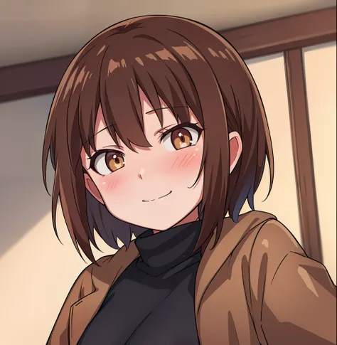 hiquality, tmasterpiece (one girls) ssmile. brown eye. brown short hair. brown coat. Dark sweater.