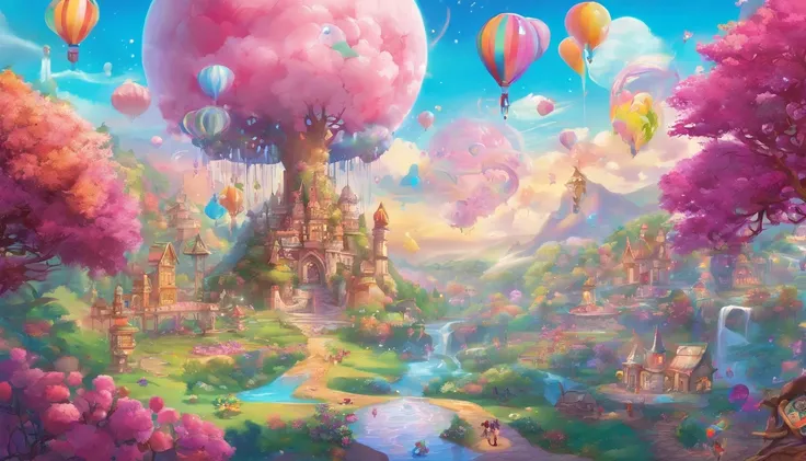 (cute:1.1,pink:1.1,aesthetic:1.2),whimsical fantasy land,large, [pastel colors], [soft lighting], [dreamy atmosphere], [fluffy clouds], [colorful balloons], [sparkling stars], [lush greenery], [giant mushrooms], [rolling hills], [butterflies], [bunny rabbi...