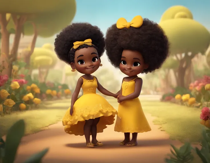 3D design, afro girl, black skin, full body, chibi style, pixar, small, smiling, yellow dress, adorable, black curly hair with bow, childish, small body, feminine colors, no oriental features