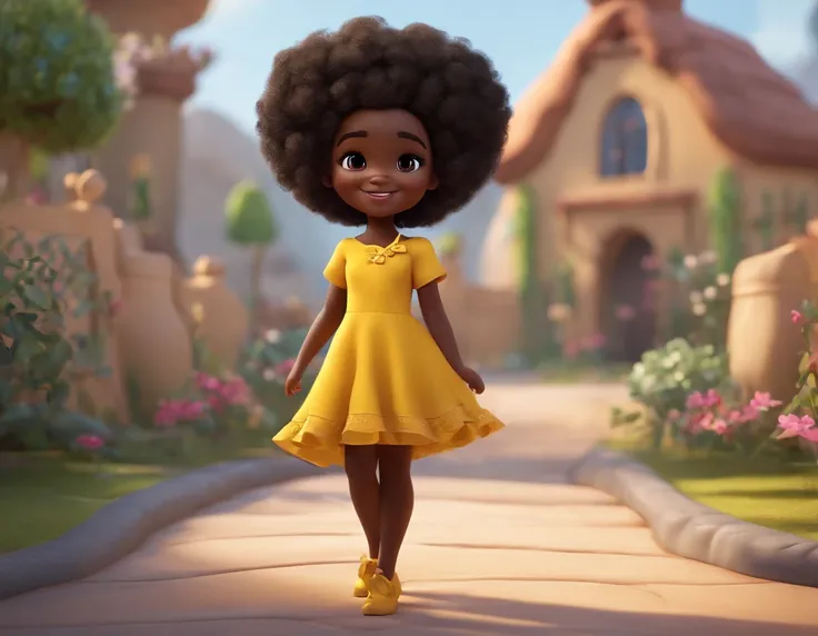 3D design, afro girl, black skin, full body, chibi style, pixar, small, smiling, yellow dress, adorable, black curly hair with bow, childish, small body, feminine colors, no oriental features