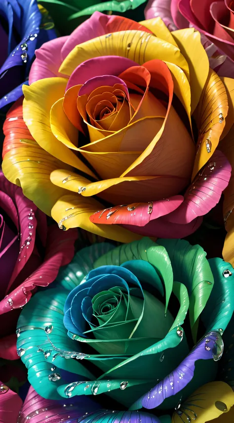 Macro 4K，Multicolored roses，water dripping