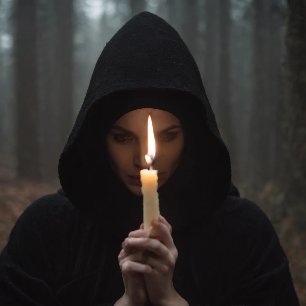 create me an image of a person wearing a black robe with a hood and shadows covering face who is also holding a wax candle, high res, gloomy, horror, satanic, dark color scheme