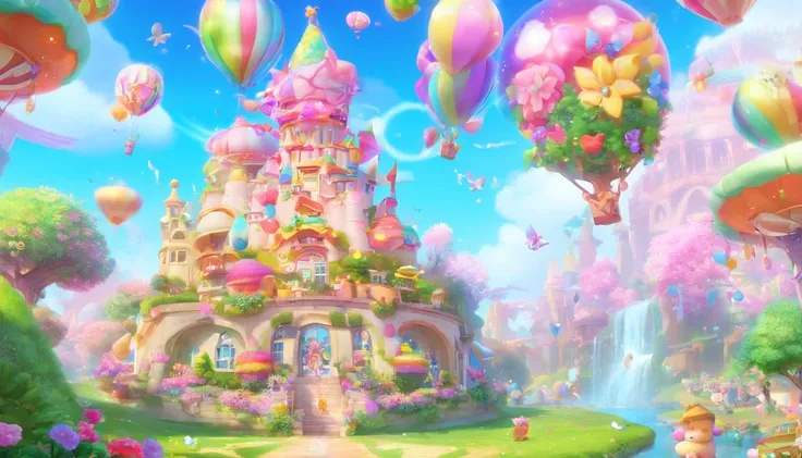 (cute:1.1,pink:1.1,aesthetic:1.2),whimsical fantasy land,large, [pastel colors], [soft lighting], [dreamy atmosphere], [fluffy clouds], [colorful balloons], [sparkling stars], [lush greenery], [giant mushrooms], [rolling hills], [butterflies], [bunny rabbi...