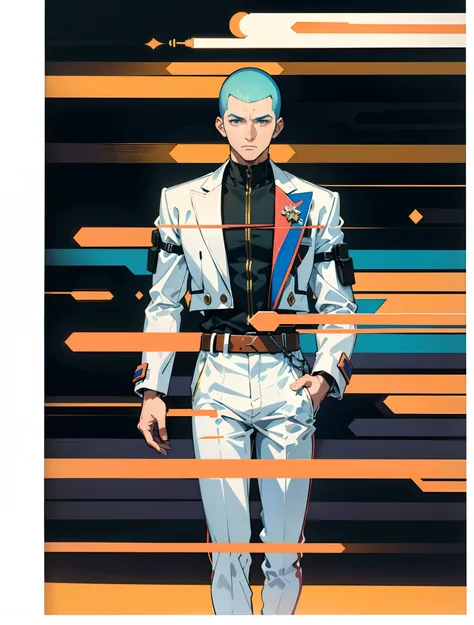 A man with a crew cut, a calm and rational expression, a wise gaze, wears a futuristic scientists coat, primarily in shades of white, accented by touches of blue and purple, matching utility pants, standing in a mysterious laboratory of an ancient and adva...