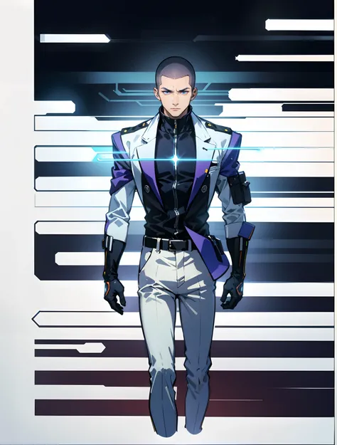 A man with a crew cut, a calm and rational expression, a wise gaze, wears a futuristic scientists coat, primarily in shades of white, accented by touches of blue and purple, matching utility pants, standing in a mysterious laboratory of an ancient and adva...