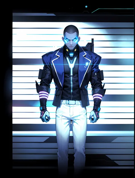 A man with a crew cut, a calm and rational expression, a wise gaze, wears a futuristic scientists coat, primarily in shades of white, accented by touches of blue and purple, matching utility pants, standing in a mysterious laboratory of an ancient and adva...